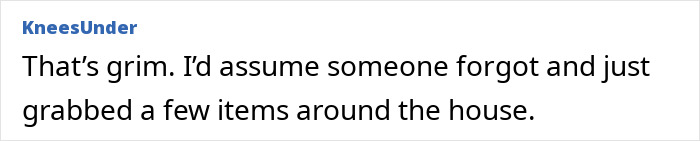 Comment on Secret Santa gift appearing forgotten, suggesting it was a last-minute collection of household items. Comment on Secret Santa gift appearing forgotten, suggesting it was a last-minute collection of household items.