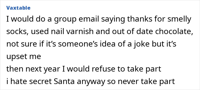 Text venting frustration over expired Secret Santa gift with sarcastic tone. Text venting frustration over expired Secret Santa gift with sarcastic tone.
