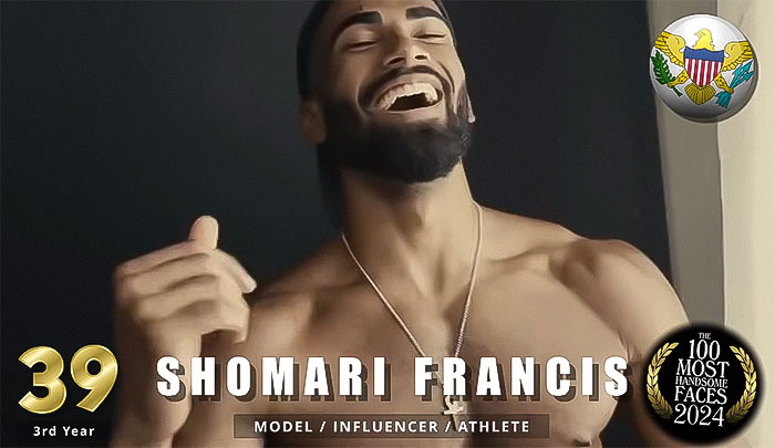 "Shomari Francis smiling, bare-chested, ranked among the most handsome men of 2024 by critics. "Shomari Francis smiling, bare-chested, ranked among the most handsome men of 2024 by critics.