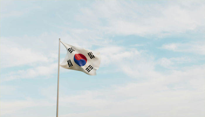 South Korean flag against a cloudy sky, symbolizing political events. South Korean flag against a cloudy sky, symbolizing political events.