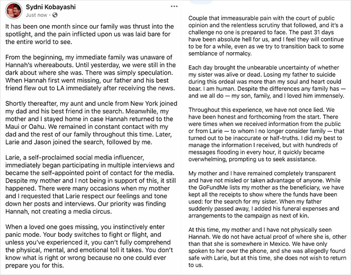 Text message about Hannah Kobayashi's family recounts the search efforts and challenges faced during the ordeal. Text message about Hannah Kobayashi's family recounts the search efforts and challenges faced during the ordeal.