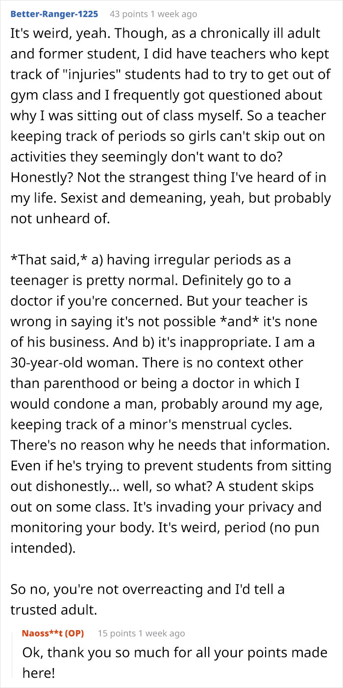 Reddit discussion about teacher-clocking-periods, questioning its appropriateness and privacy concerns. Reddit discussion about teacher-clocking-periods, questioning its appropriateness and privacy concerns.