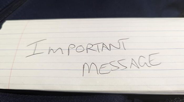 Handwritten note on lined paper with the words "Important Message," possibly related to vegan family's meat cooking issue. Handwritten note on lined paper with the words "Important Message," possibly related to vegan family's meat cooking issue.