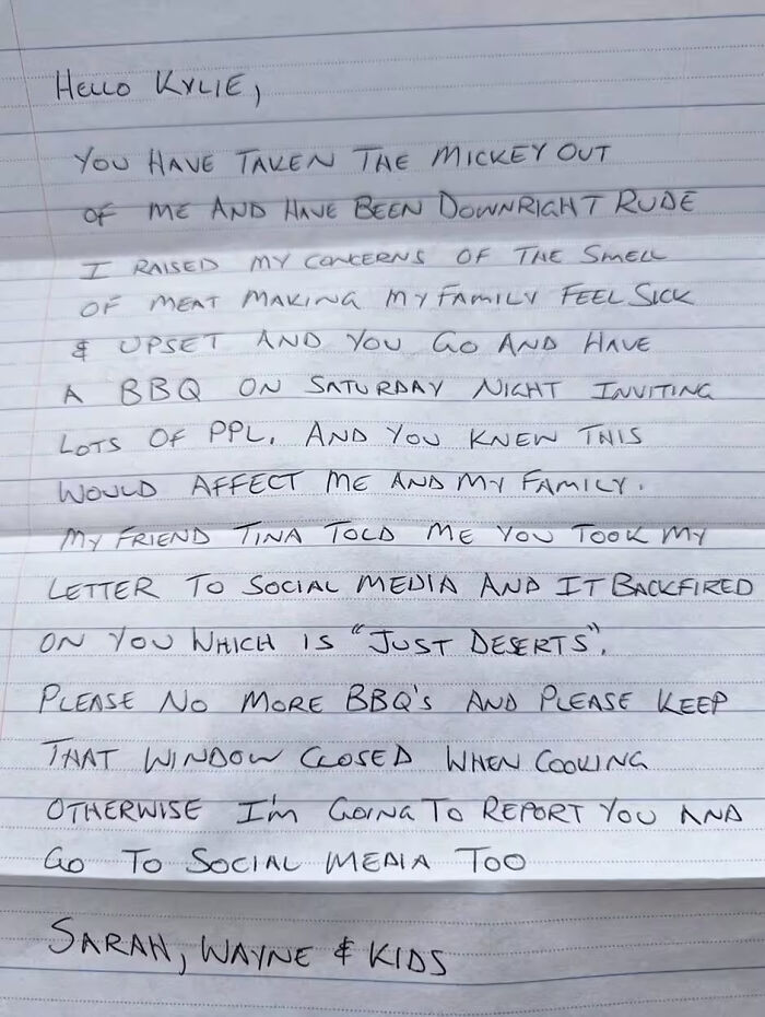 Handwritten note from vegan family requesting neighbors to stop cooking meat due to the smell. Handwritten note from vegan family requesting neighbors to stop cooking meat due to the smell.