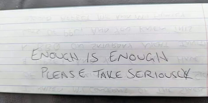 Handwritten note saying "Enough is enough, please take seriously," related to vegan family's request. Handwritten note saying "Enough is enough, please take seriously," related to vegan family's request.