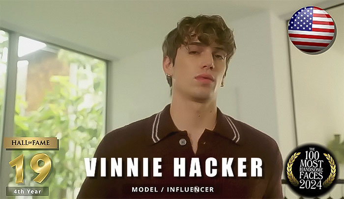 Model Vinnie Hacker listed in The Independent Critics' Most Handsome Men 2024, wearing a dark shirt indoors. Model Vinnie Hacker listed in The Independent Critics' Most Handsome Men 2024, wearing a dark shirt indoors.