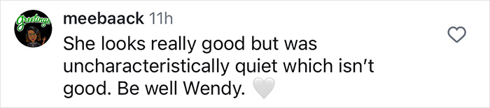 Instagram comment expressing concern for Wendy Williams’ recent quiet demeanor. Instagram comment expressing concern for Wendy Williams’ recent quiet demeanor.