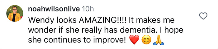 Comment discussing Wendy Williams' appearance and health, expressing hope for her improvement. Comment discussing Wendy Williams' appearance and health, expressing hope for her improvement.