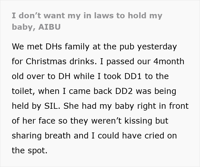 Mom upset about in-laws holding her baby during a family gathering, expressing frustration in a conversation. Mom upset about in-laws holding her baby during a family gathering, expressing frustration in a conversation.