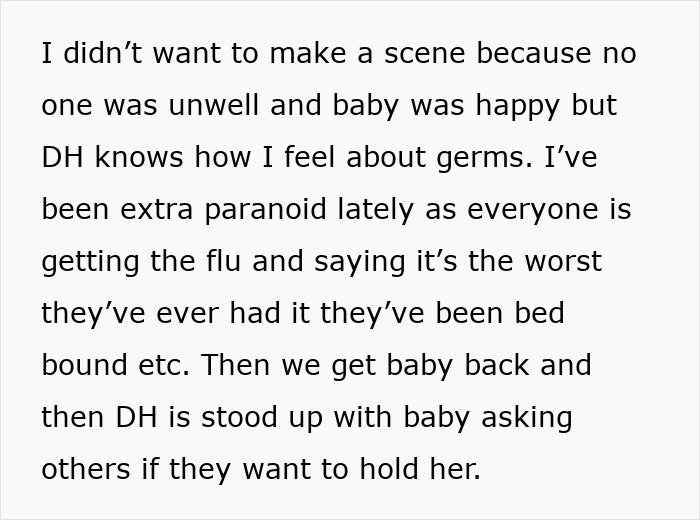 Text about a mom concerned with germs, hesitant about in-laws holding her baby during flu season. Text about a mom concerned with germs, hesitant about in-laws holding her baby during flu season.