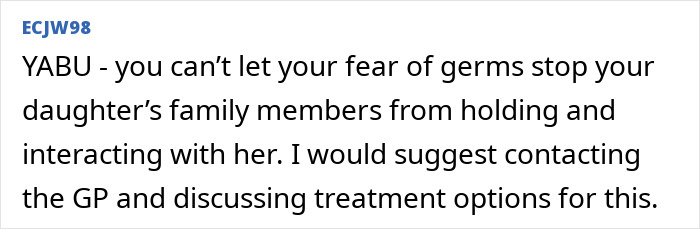 Text response addressing concerns about in-laws holding a baby, mentioning fear of germs and suggesting contacting a GP. Text response addressing concerns about in-laws holding a baby, mentioning fear of germs and suggesting contacting a GP.