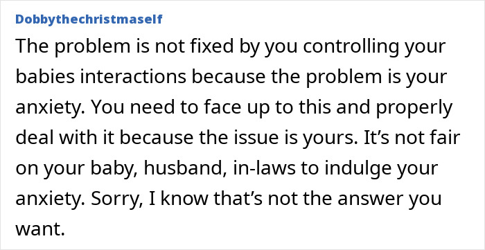 Text discussing anxiety over in-laws holding a baby, suggesting self-reflection and addressing personal issues. Text discussing anxiety over in-laws holding a baby, suggesting self-reflection and addressing personal issues.