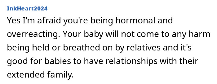 Text message about a mom's reaction to in-laws holding her baby, discussing overreacting and family relationships. Text message about a mom's reaction to in-laws holding her baby, discussing overreacting and family relationships.