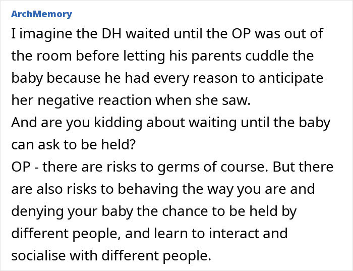 Text discussing the risks and social aspects of not allowing in-laws to hold a baby. Text discussing the risks and social aspects of not allowing in-laws to hold a baby.