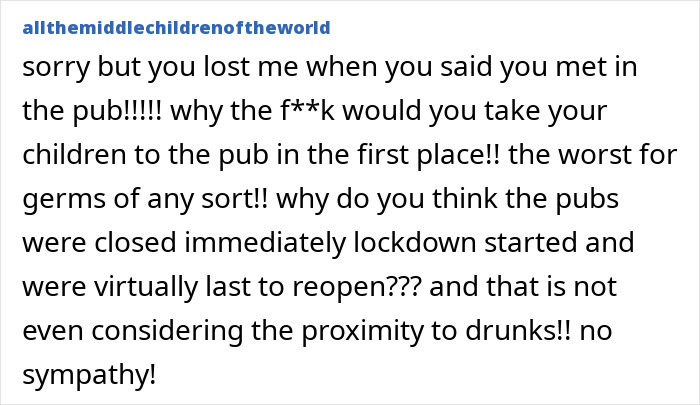 Text comment expressing concern about taking children to pubs during lockdown. Text comment expressing concern about taking children to pubs during lockdown.