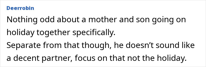 Text comment about mother-son dynamics and partner relationship issues. Text comment about mother-son dynamics and partner relationship issues.