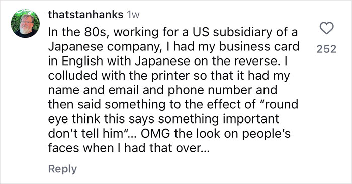 Social media post about oppressive work rules in Japan with a comment on business card practices in the 80s. Social media post about oppressive work rules in Japan with a comment on business card practices in the 80s.
