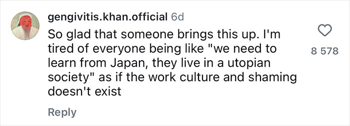 Comment on Japan's oppressive work culture myths, with user expressing frustration about utopian society perceptions. Comment on Japan's oppressive work culture myths, with user expressing frustration about utopian society perceptions.