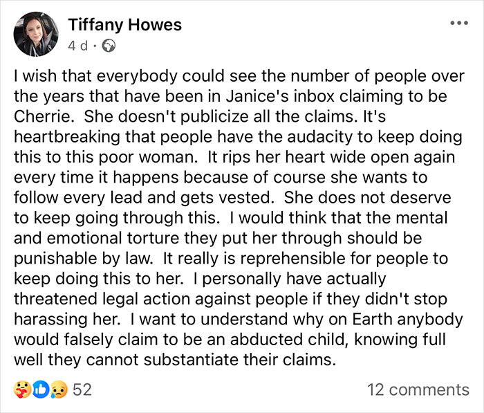 Facebook post discussing claims related to Cherrie Mahan, a girl who vanished in 1985. Facebook post discussing claims related to Cherrie Mahan, a girl who vanished in 1985.