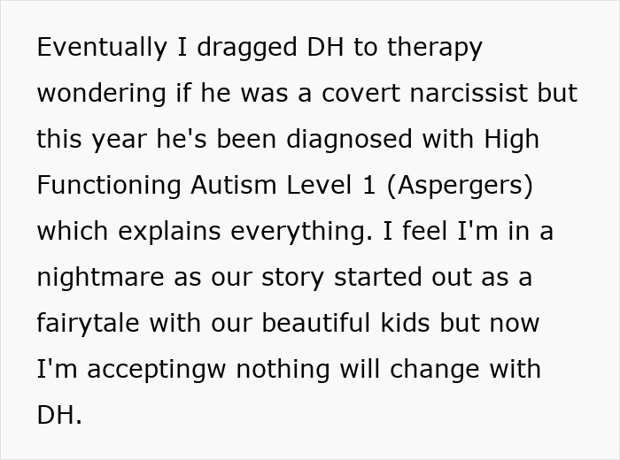 Text from wife about neurodivergent husband seeking therapy and facing challenges after autism diagnosis. Text from wife about neurodivergent husband seeking therapy and facing challenges after autism diagnosis.