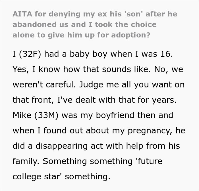 Text describing a woman's thoughts on teenage pregnancy and adoption after being abandoned by her boyfriend. Text describing a woman's thoughts on teenage pregnancy and adoption after being abandoned by her boyfriend.