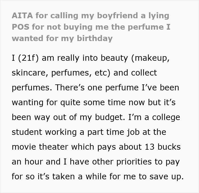 Text discussing a girlfriend upset over a boyfriend's lie about getting her a special birthday perfume. Text discussing a girlfriend upset over a boyfriend's lie about getting her a special birthday perfume.