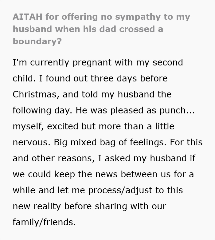 Text screenshot discussing a private pregnancy plea and boundary issues with a husband's father. Text screenshot discussing a private pregnancy plea and boundary issues with a husband's father.