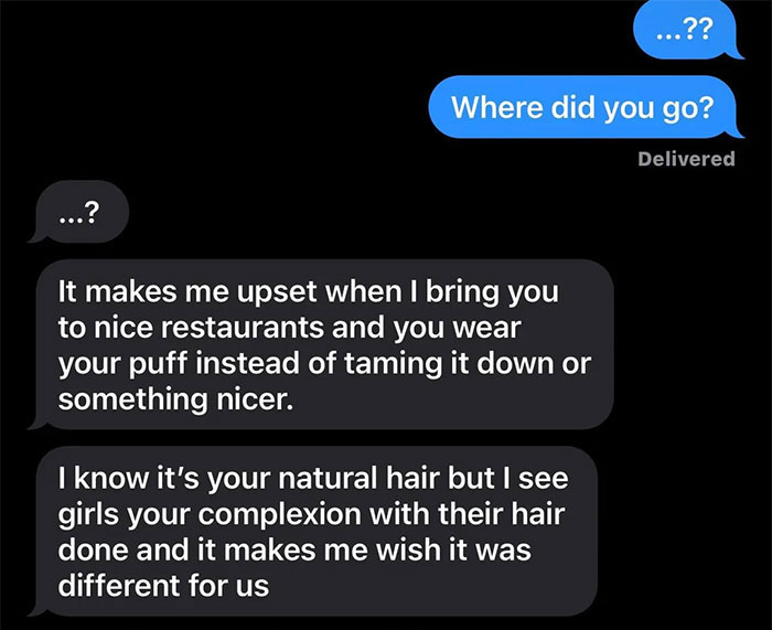 Text exchange about boyfriend's request for girlfriend to alter appearance, causing her to feel upset. Text exchange about boyfriend's request for girlfriend to alter appearance, causing her to feel upset.
