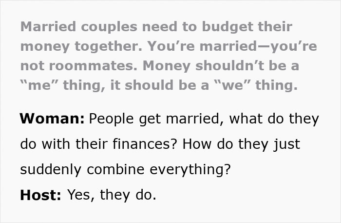 Text discussing finance expert's opinion on married couples combining incomes. Text discussing finance expert's opinion on married couples combining incomes.