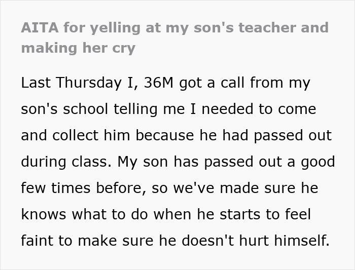 Teacher Reduced To Tears After Dad Berates Her For Ignoring His Son's Warnings That He's Unwell Teacher Reduced To Tears After Dad Berates Her For Ignoring His Son's Warnings That He's Unwell