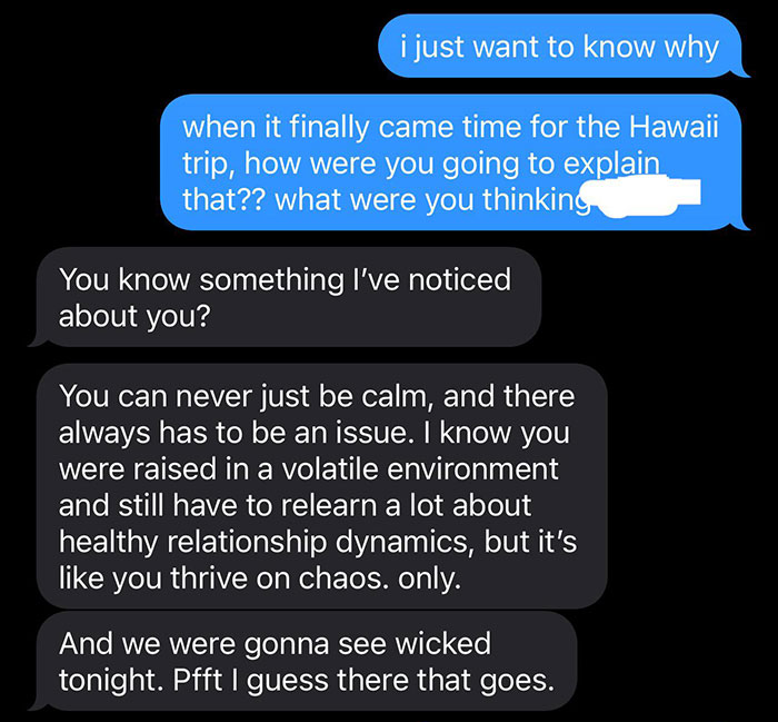 Text messages revealing relationship issues, discussing a Hawaii trip and emotional conflict. Text messages revealing relationship issues, discussing a Hawaii trip and emotional conflict.