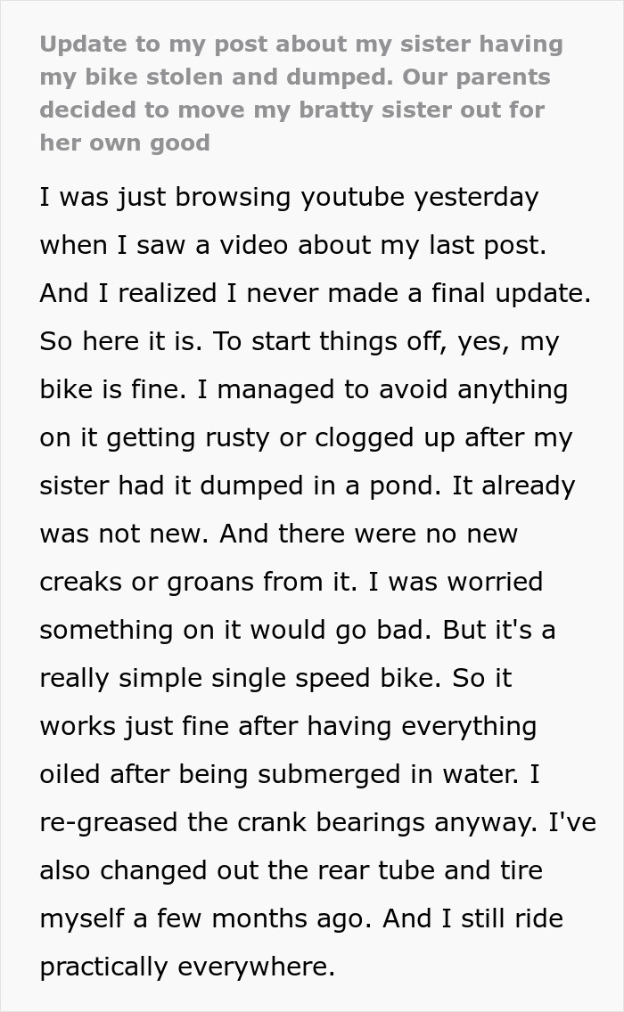 Text update about someone's sister dumping a bike, parents move her out. Text update about someone's sister dumping a bike, parents move her out.