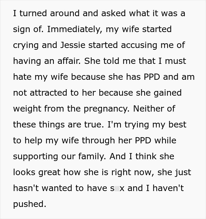 Text discussing infidelity accusations and postpartum depression impact on a couple's relationship. Text discussing infidelity accusations and postpartum depression impact on a couple's relationship.