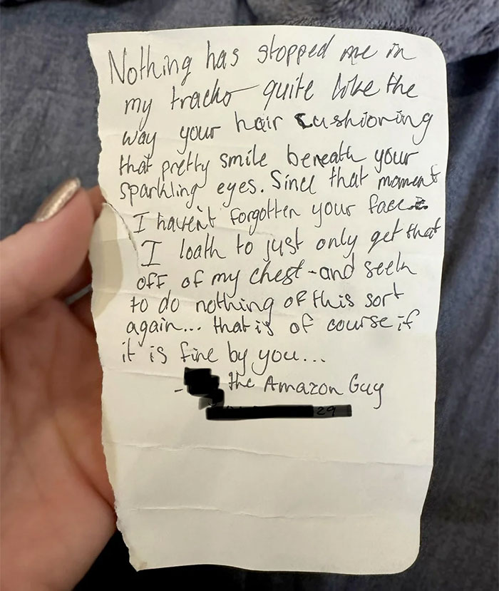 Note from an Amazon driver expressing admiration, handwritten on paper. Note from an Amazon driver expressing admiration, handwritten on paper.