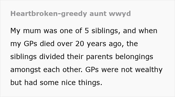 Text about family inheritance and a greedy aunt causing drama over silverware division. Text about family inheritance and a greedy aunt causing drama over silverware division.