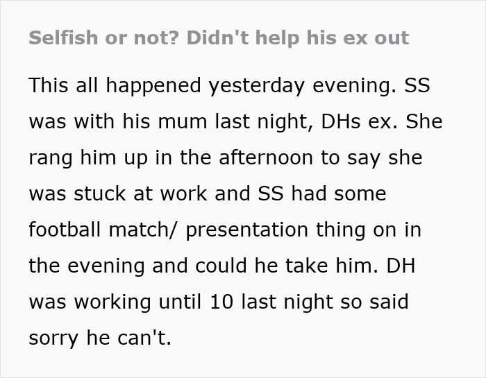“Selfish Or Not?”: Woman Refuses To Cancel Her Plans To Help Husband’s Ex Take Care Of Her Son “Selfish Or Not?”: Woman Refuses To Cancel Her Plans To Help Husband’s Ex Take Care Of Her Son