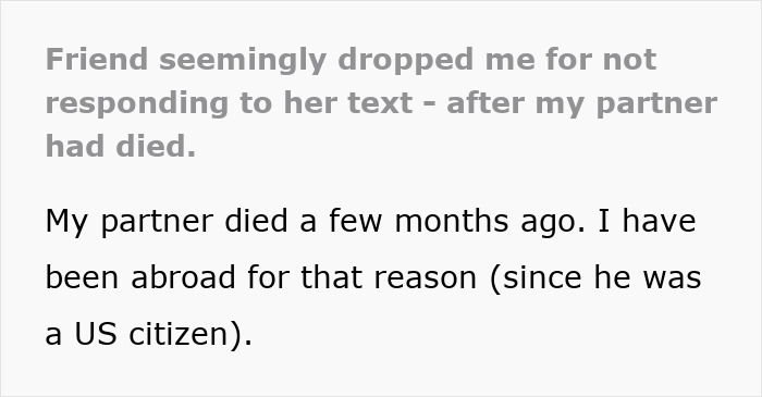 Text excerpt about losing a partner and the impact on friendships. Text excerpt about losing a partner and the impact on friendships.