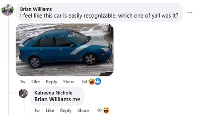 Facebook comments discussing a recognizable blue car related to a road rage incident. Facebook comments discussing a recognizable blue car related to a road rage incident.