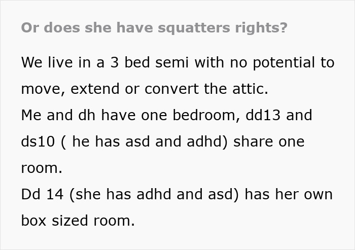 Text discussing squatters rights in a three-bedroom family home with space limitations and shared rooms. Text discussing squatters rights in a three-bedroom family home with space limitations and shared rooms.
