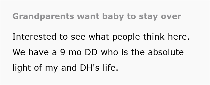 Text about parents considering babysitting offer from in-laws for their 9-month-old child. Text about parents considering babysitting offer from in-laws for their 9-month-old child.