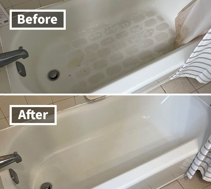 Before and after bathroom tub cleaning showing one of the low-lift, high-impact improvements for your bathroom.
