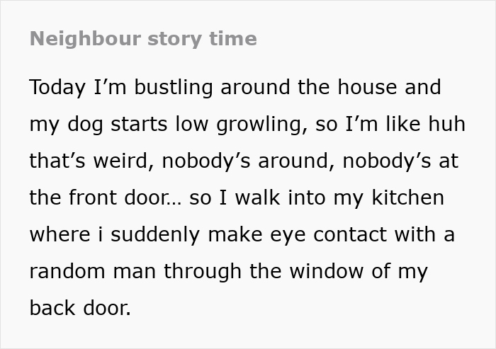 Text reading "Neighbour story time" with a description of a surprising encounter at home. Text reading "Neighbour story time" with a description of a surprising encounter at home.