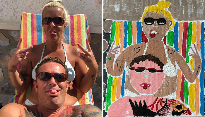 Man's painting of wife on colorful background goes viral for its unique style. Man's painting of wife on colorful background goes viral for its unique style.