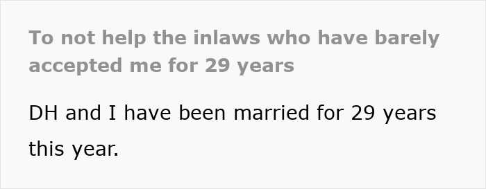 Text discussing elderly in-laws and challenges of helping them after years of strained acceptance. Text discussing elderly in-laws and challenges of helping them after years of strained acceptance.