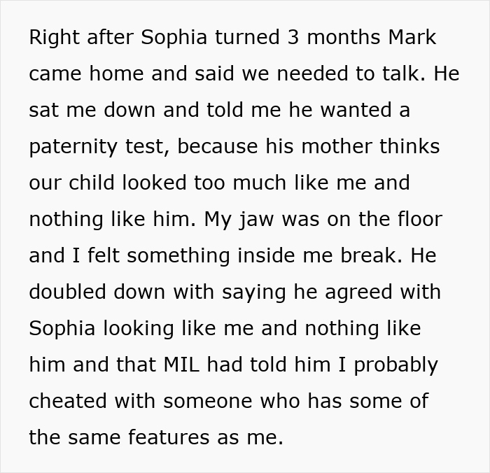 Text discussing a husband wanting a paternity test due to MIL's influence because baby resembles wife. Text discussing a husband wanting a paternity test due to MIL's influence because baby resembles wife.