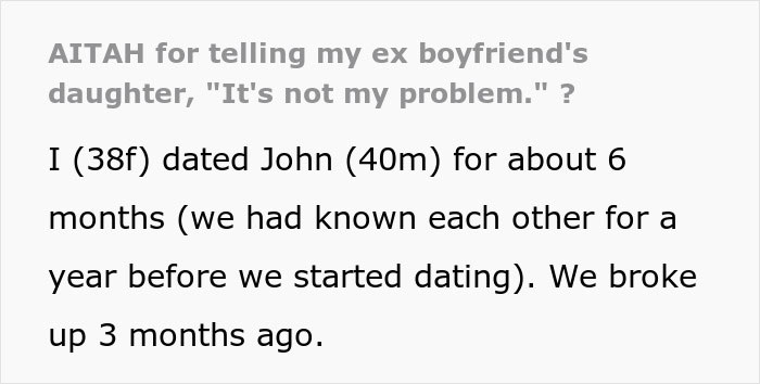 Text about a woman discussing a past relationship with her ex-boyfriend and his daughter. Text about a woman discussing a past relationship with her ex-boyfriend and his daughter.