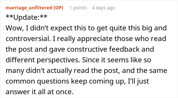 Reddit user "marriage_unfiltered" updates a post, thanking readers for feedback and addressing repeated questions about an Amazon driver note. Reddit user "marriage_unfiltered" updates a post, thanking readers for feedback and addressing repeated questions about an Amazon driver note.