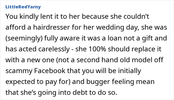 Text expressing refusal to go into debt over replacing a lost hairdryer. Text expressing refusal to go into debt over replacing a lost hairdryer.
