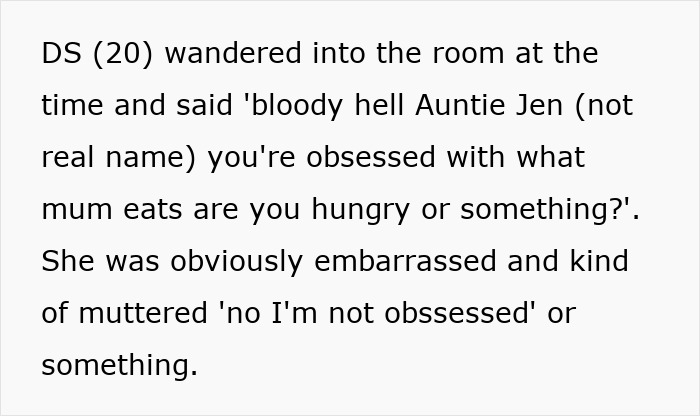 SIL Can’t Stop Making Remarks About Woman’s Eating Habits, Embarrassed When Nephew Confronts Her SIL Can’t Stop Making Remarks About Woman’s Eating Habits, Embarrassed When Nephew Confronts Her