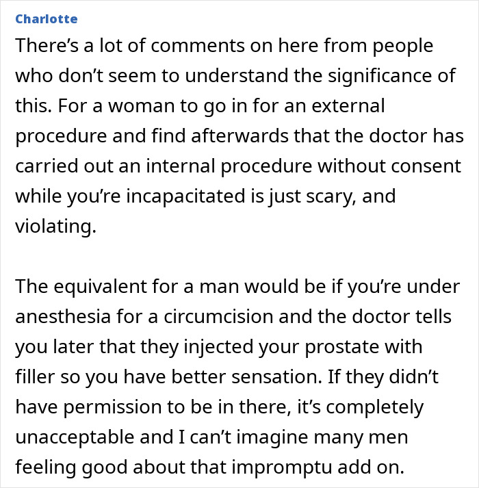 Comments regarding unauthorized medical procedures and their ethical implications. Comments regarding unauthorized medical procedures and their ethical implications.